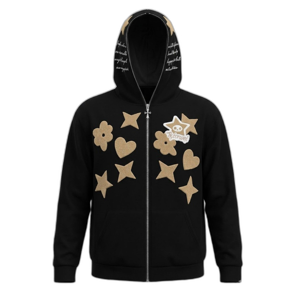 Victorinet Black Full Zip Hoodie Stars Hearts Graphic Women's 4XL Streetwear NWT